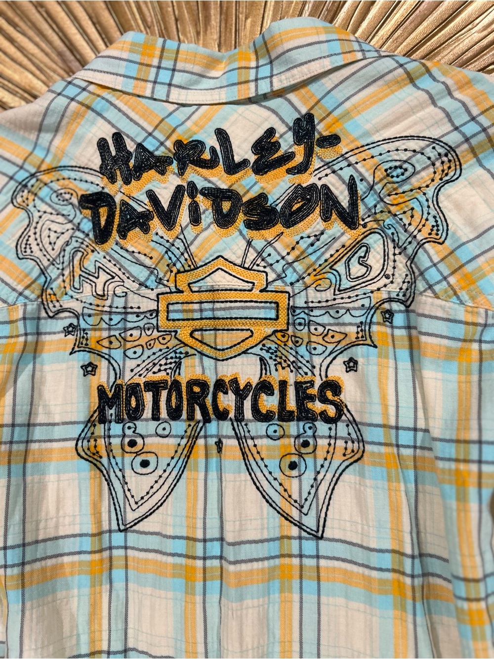 VTG Harley-Davidson Women’s Yellow & Light Blue Plaid Embroidered Shirt SZ XL